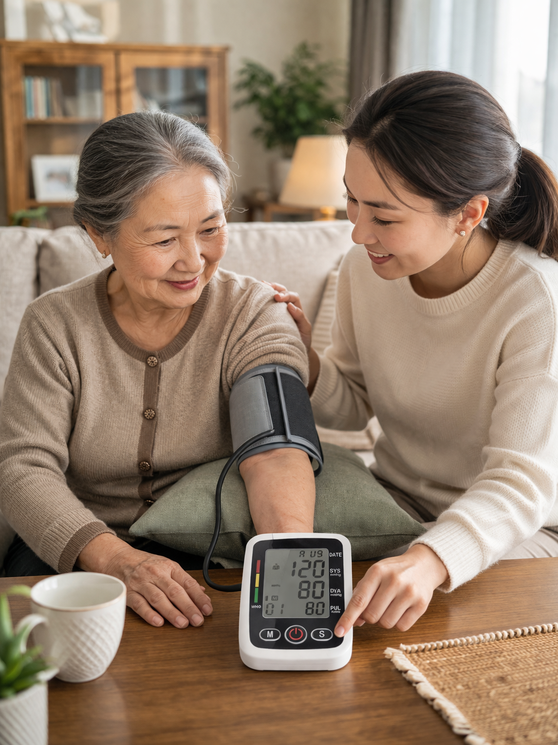 Гэрийн орчинд гарын булчингийн даралтын аппарат хэрэглэж буй бодит зураг